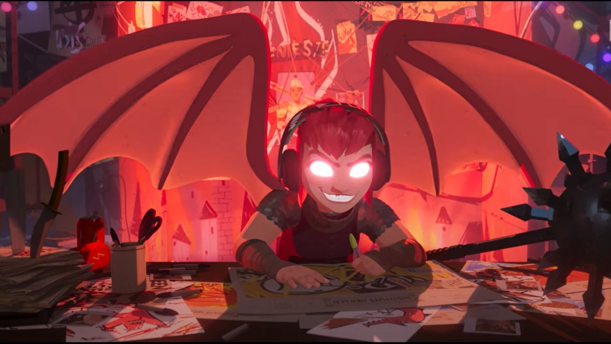 A screenshot of Nimona from the movie's teaser, shapeshifting as a human with wings