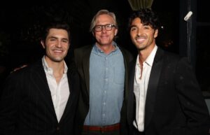 Executive producer Jon Brockett with 2024 SAG Awards ambassadors Phil Dunster, left, and Taylor Zakhar Perez, right.