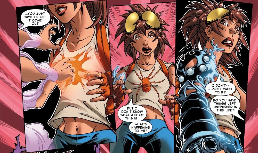 An apparition touches the spider on Aña’s very ‘oos crop top tee shirt and her body begins to be covered in a weird carapace in Amazing Fantasy #5 (2004). 