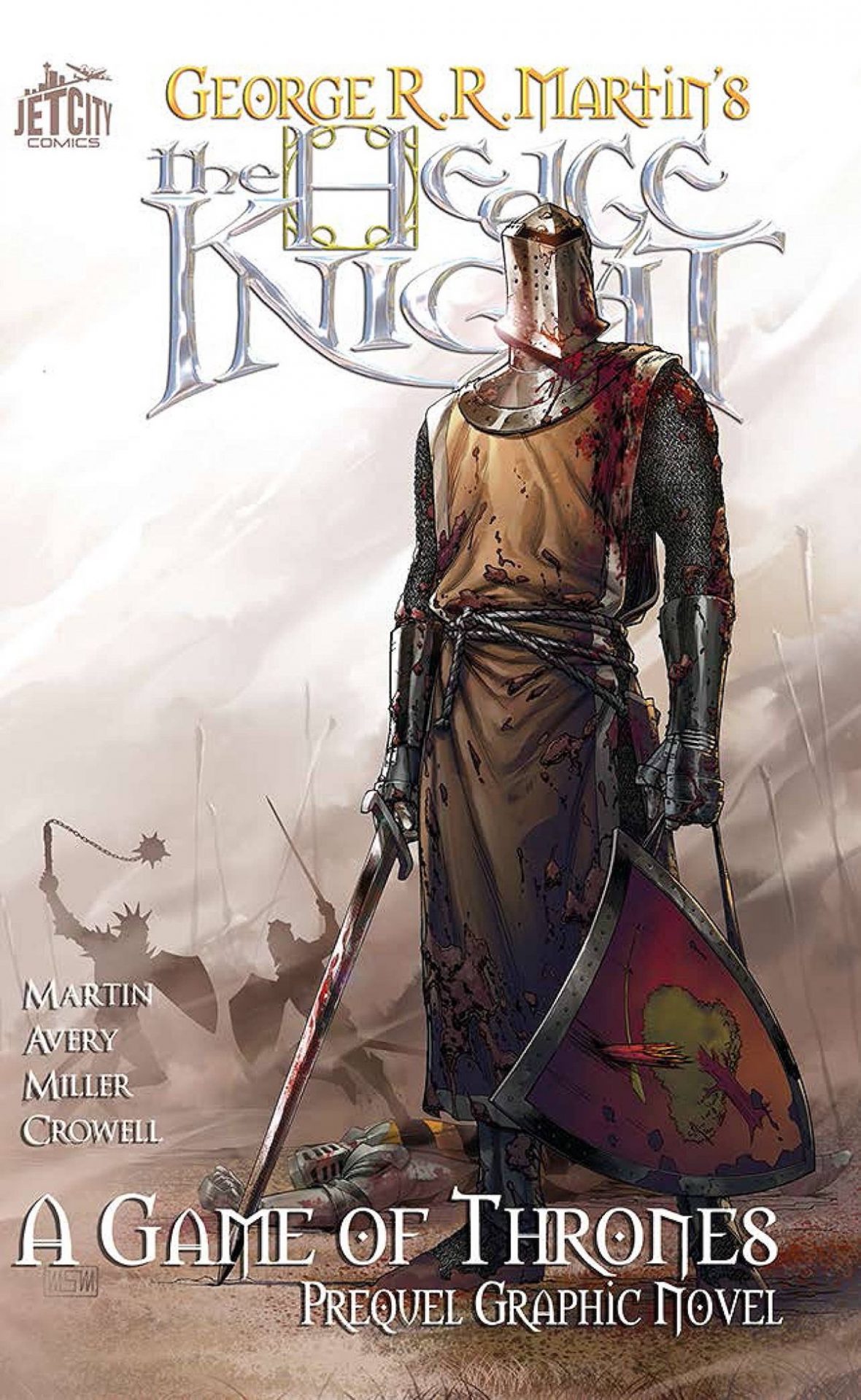 A tall knight on the cover of the graphic novel adaptation of The Hedge Knight
