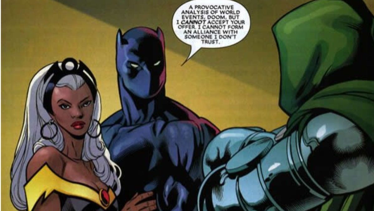 Black Panther and Storm confront a hostile Doctor Doom.