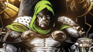 Doctor Doom sits on the throne of Wakanda after conquering it in the Doomwar series.