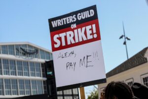 WGA picketer outside Culver Studios, home of Amazon Studios, in May.