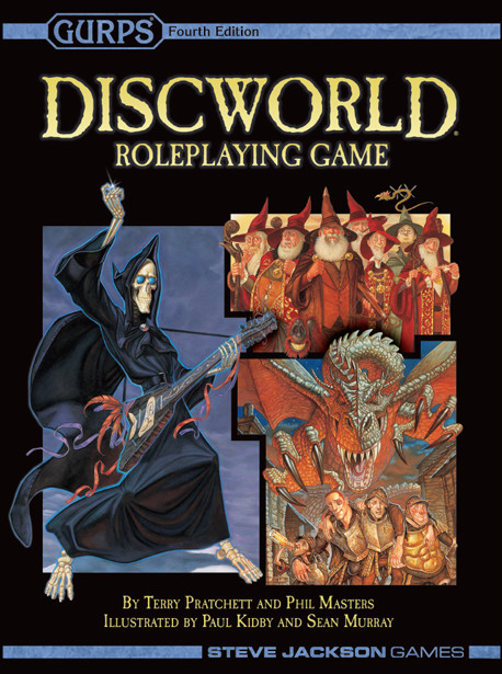 The cover of the Discworld GURPS RPG from Steve Jackson Games. It shows Death playing an electric guitar, with some dwarves or gnomes and a dragon chasing some soldiers.