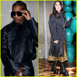A$AP Rocky Sports Leather Outfit for Bottega Veneta Fashion Show Alongside Salma Hayek