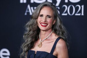 Actress Andie MacDowell wearing a Dior dress arrives at the 6th Annual InStyle Awards 2021 held at the Getty Center on November 15, 2021 in Los Angeles, California, United States.