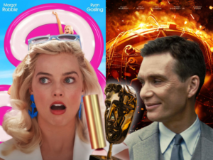 Margot Robbie close-up in front of Barbie poster and Cillian Murphy close-up in front of Oppenheimer poster.