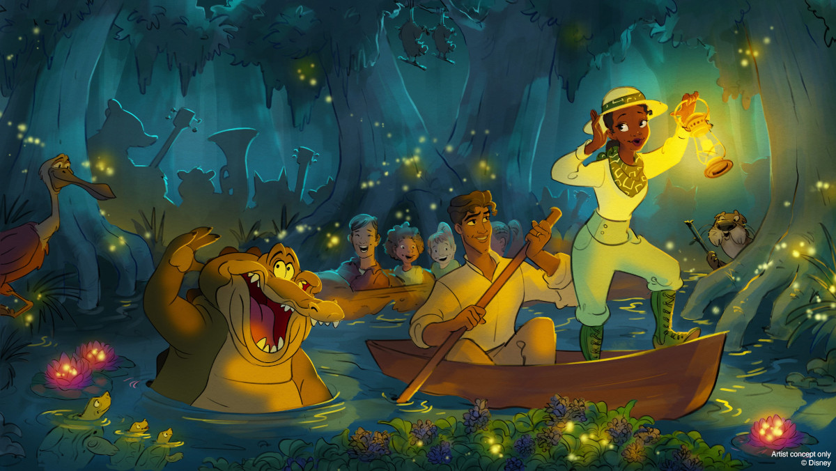 Artist illustration of Tiana in a boat for Tiana's Bayou Adventure