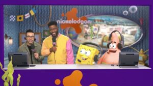 A promotional image from the Nicklodeon Super Bowl featuring Noah Eagle and Nate Burleson next to CG versions of Spongebob and Patrick.