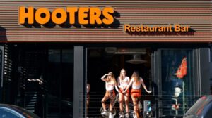 Hooters girls at the window of the restaurant