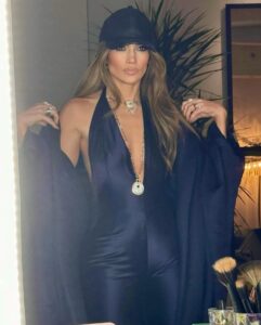 Jennifer Lopez wore a tight jumpsuit with plunging neckline