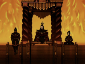 Fire Lord Ozai sitting at his throne with Azula by his side