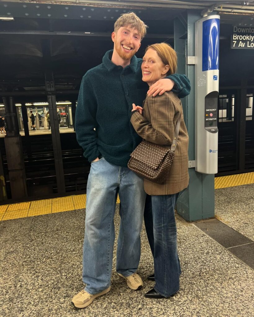 Julianne Moore and Caleb Moore Freundlich posed together on the subway platform