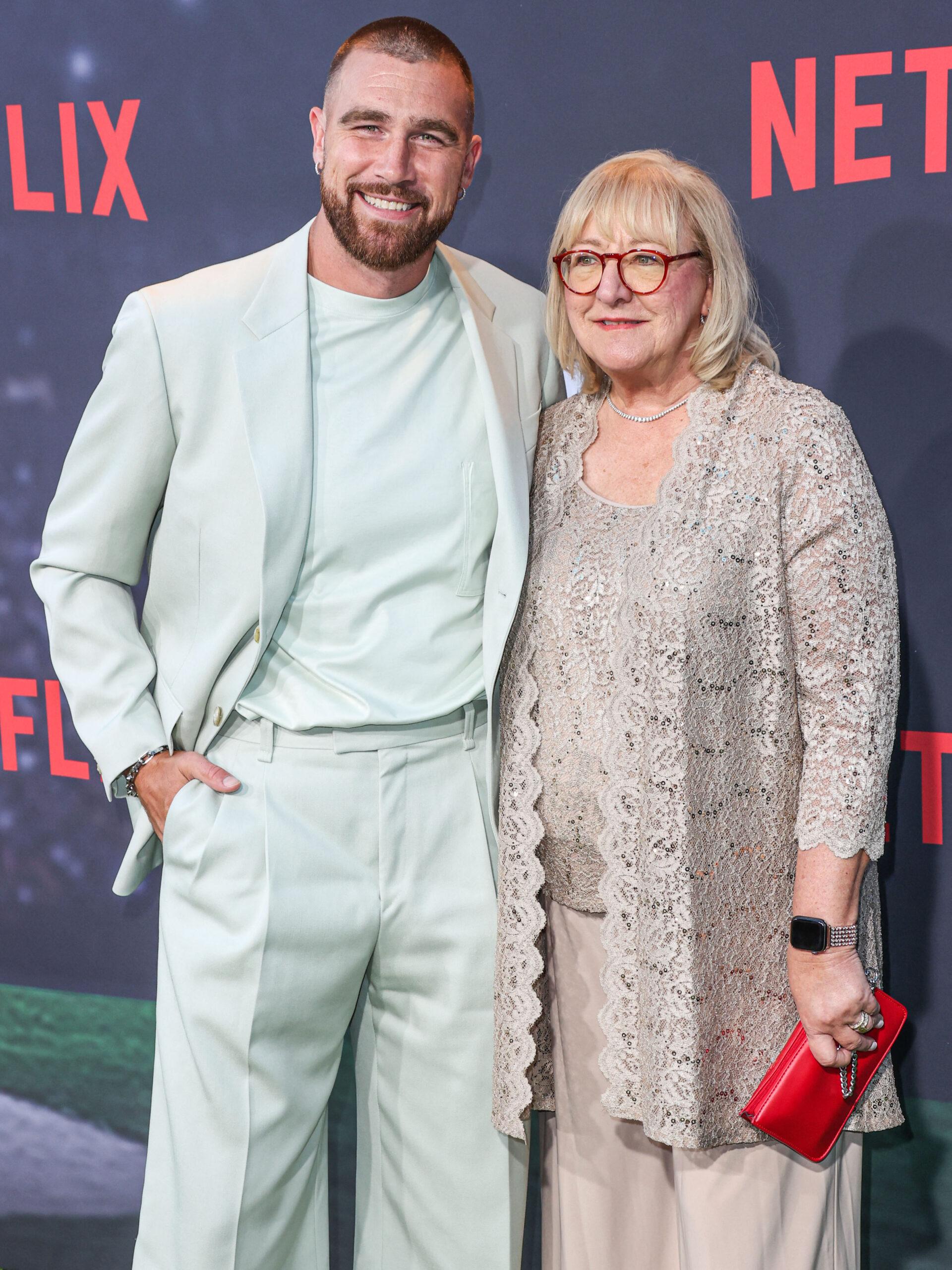 Donna Kelce and her son Travis Kelce attend Los Angeles Premiere Of Netflix's 'Quarterback' Season 1