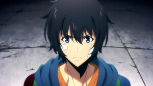 Close-up shot of a black haired anime boy with bandages on his face in Solo Leveling.