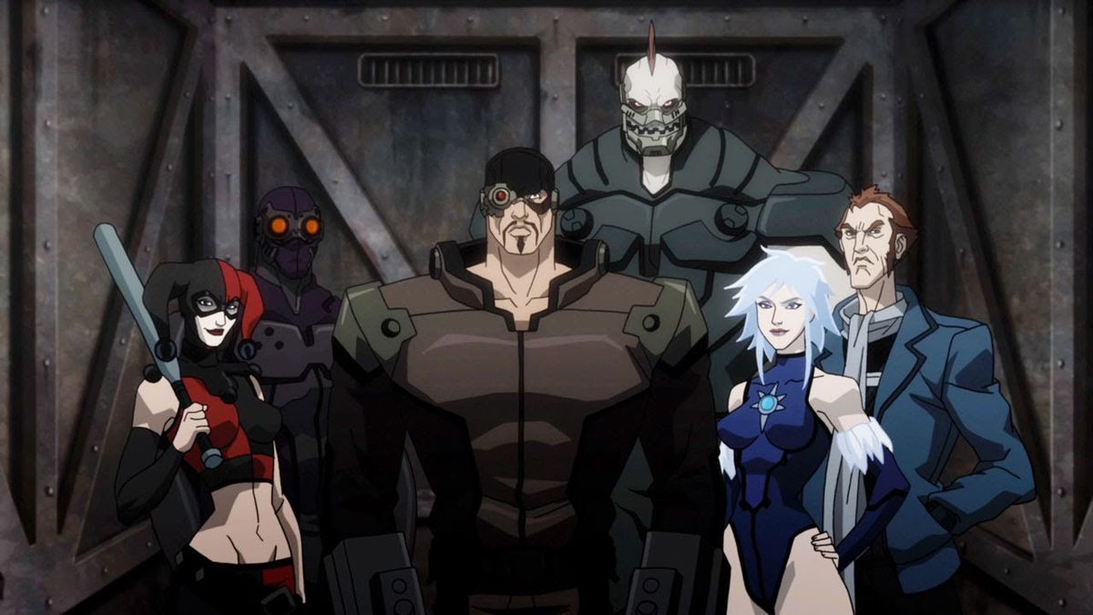 Six characters in various different costumes standing in front of a pair of steel doors.