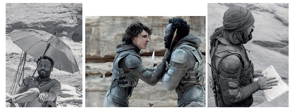 Black &amp; White, and color on set photos from Dune Part One featuring Timothee Chalamet, Javier Bardem, and Babs Olusanmokun
