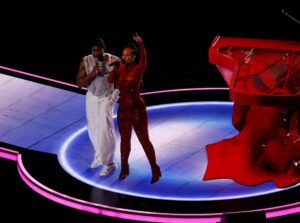 Usher and Alicia Keys perform the halftime show at the NFL Super Bowl 58 LVIII football game between the San Francisco 49ers and the Kansas City Chiefs in Las Vegas NV on Feb 11, 2024