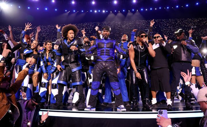 H.E.R., Ludacris, Usher, Lil Jon, Jermaine Dupri and will.i.am perform onstage during the Apple Music Super Bowl LVIII Halftime Show at Allegiant Stadium on Feb. 11 in Las Vegas.
