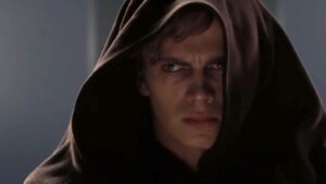 Anakin Skywalker as the evil Vader with a brown Jedi robe still on in Revenge of the Sith