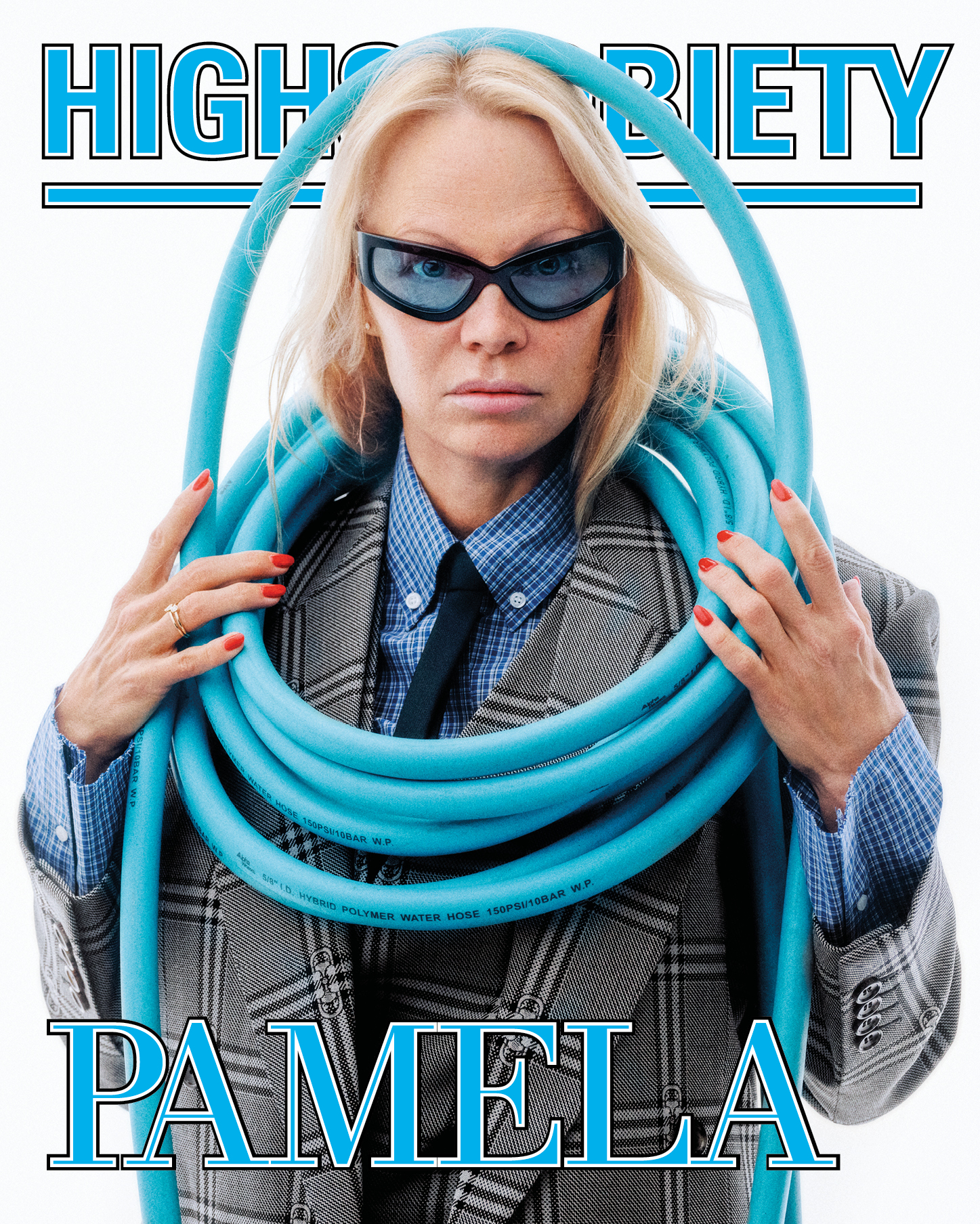 Pammy also wraps a blue hose round her neck for Highsnobiety mag’s cover