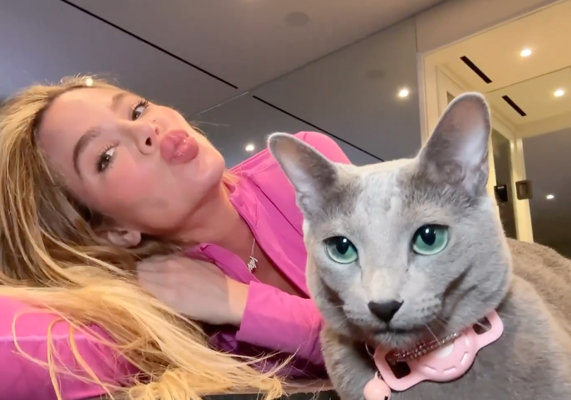 Khloe posed for a photo with her pet cat, Grey Kitty