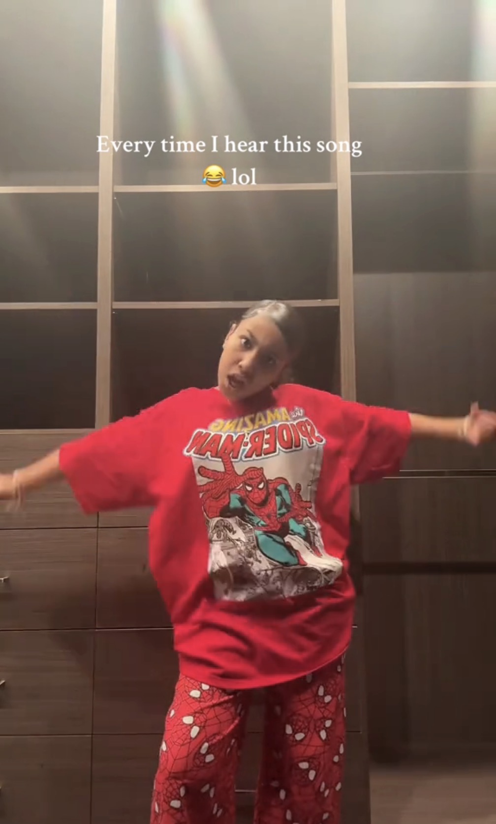 The pre-teen wore Spider-Man pajamas for her sleepover at Lala Anthony's house, and danced to her new song