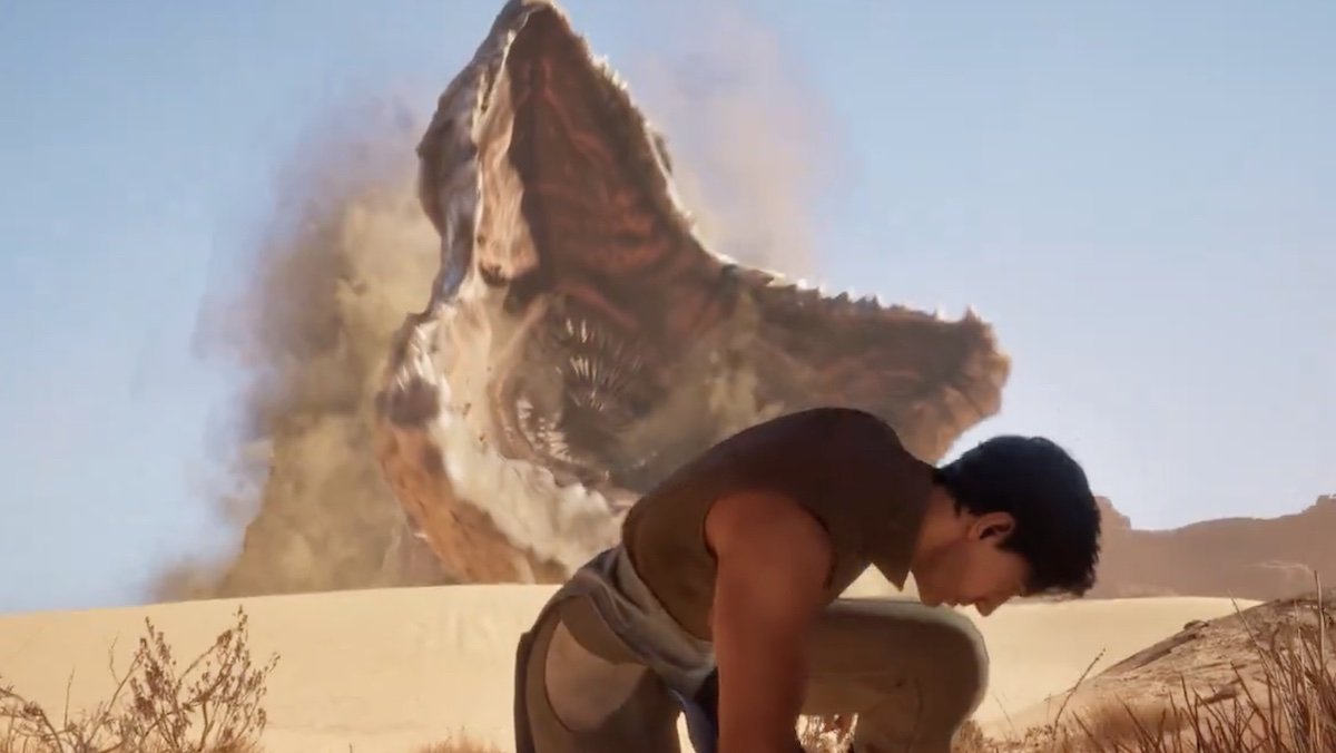 A character kneels as a sandworm busts out of the desert in a still shot from Dune: Awakening