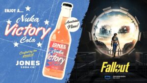 A pink Nuka Cola Victory bottle against a blue background split with a poster for Prime Video's Fallout showing a vault dweller in blue standing in an open circle door