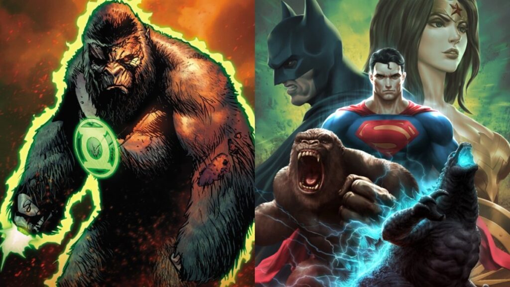 King Kong as a Green Lantern, art by Christian Duce, and the cover for Justice League vs. Godzilla vs. Kong #7, by  Kendrick “Kunkka” Lim.