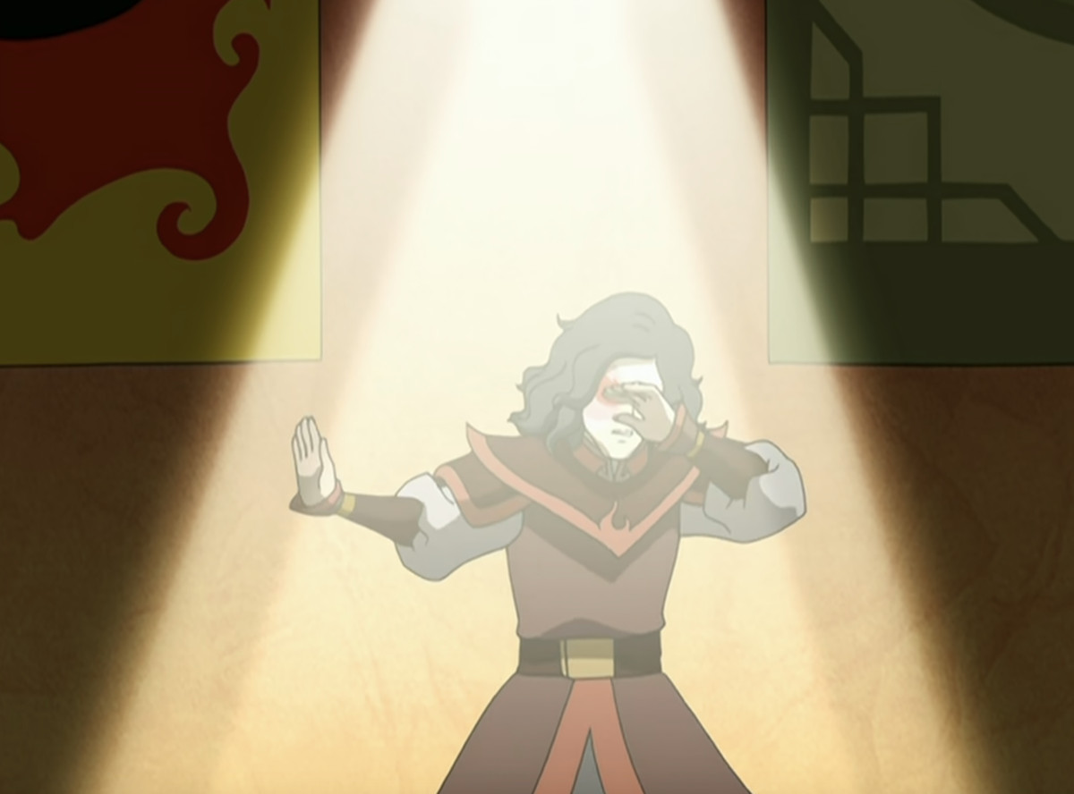 A dramatic rendition of Zuko giving a monologue, bathed in a spotlight, on stage in the Avatar episode “The Ember Island Players.”