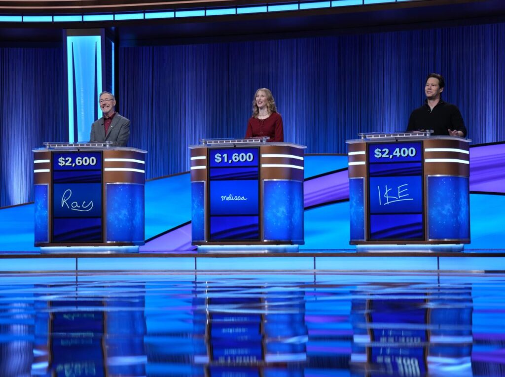 "Jeopardy!" contestants scenic artist Ray Lalonde, professor Melissa Klapper and actor Ike Barinholtz