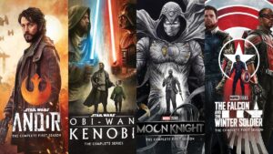 Covers for four Disney+ show home releases with the main characters on each cover: Andor, Obi-Wan Kenobi, Moon Knight, and The Falcon and the Winter Soldier