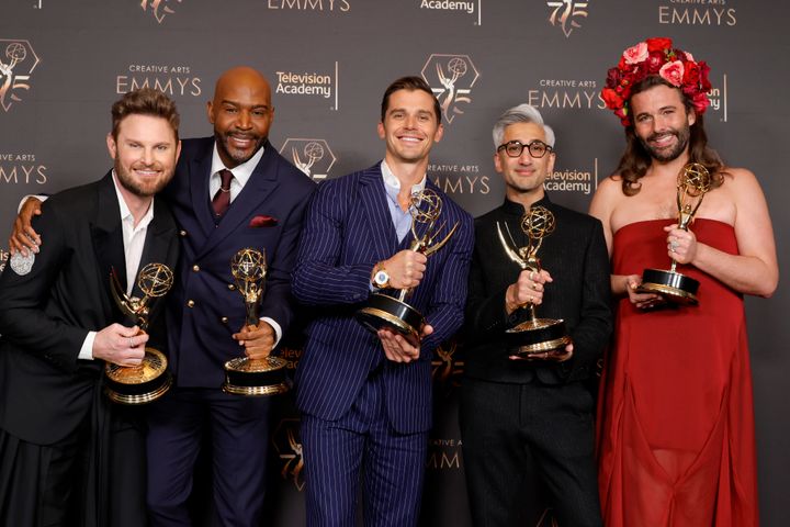 “Queer Eye” cast mates, from left, Bobby Berk, Karamo Brown, Antoni Porowski, Tan France and Van Ness pose with their Emmy statuettes after winning the Outstanding Structured Reality Program award in January.