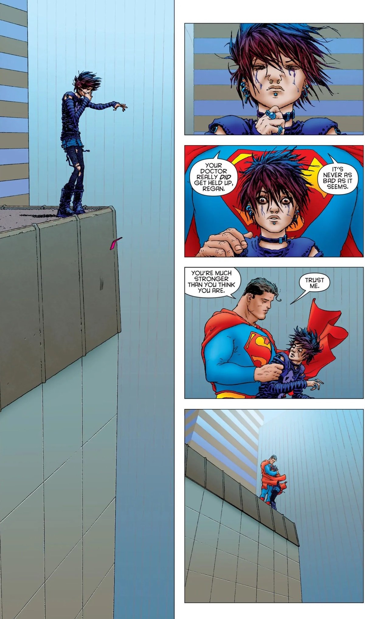 Superman saves a suicidal woman in a famous panel from All-Star Superman #10, by artist Frank Quitely.
