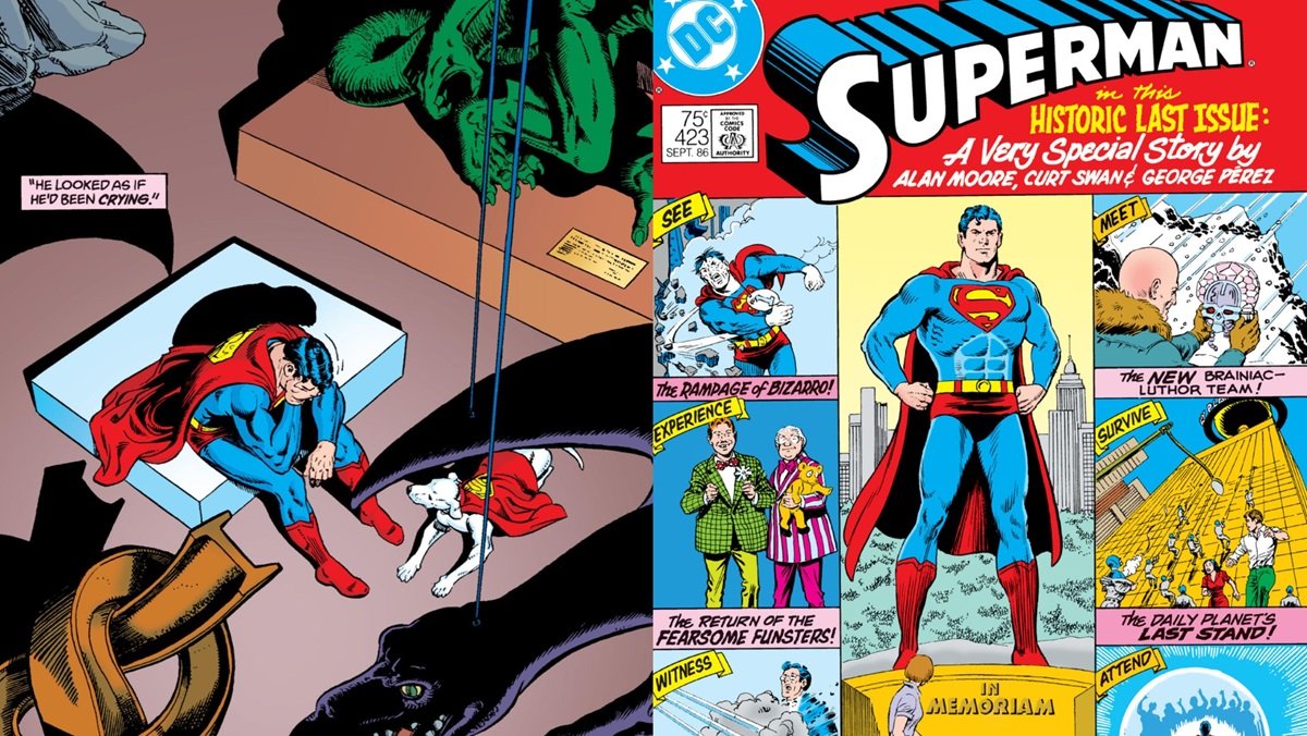 Interior and cover art for Superman #423, Alan Moore's Whatever Happened to the Man of Tomorrow. Art by Curt Swan and George Perez.
