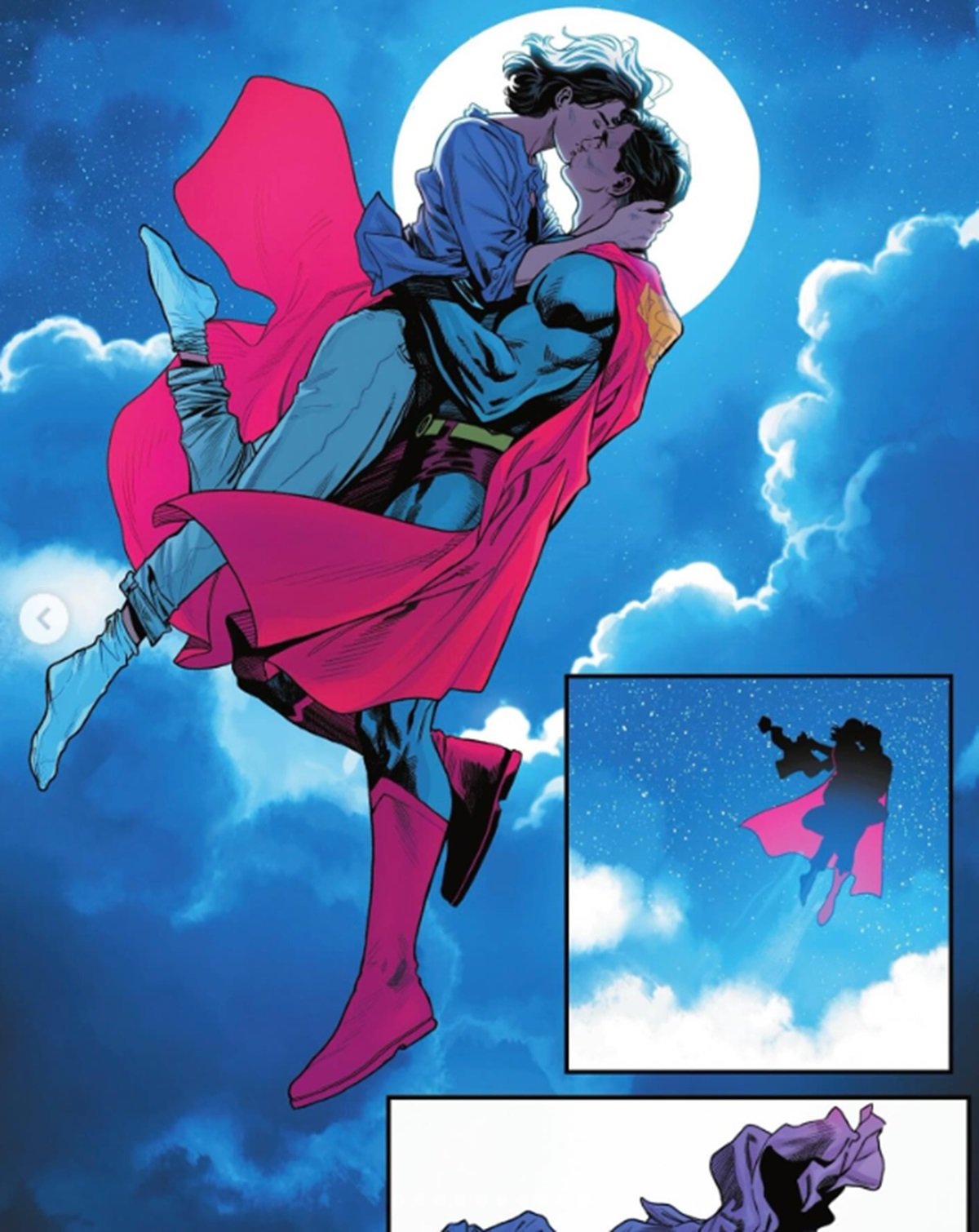Superman and Lois share a kiss in the sky in Action Comics #1035 with art by Daniel Sampere.