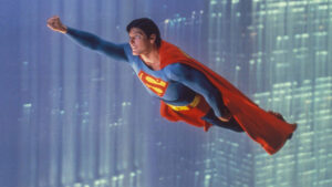 Christopher Reeve flies over Metropolis in Superman: The Movie.