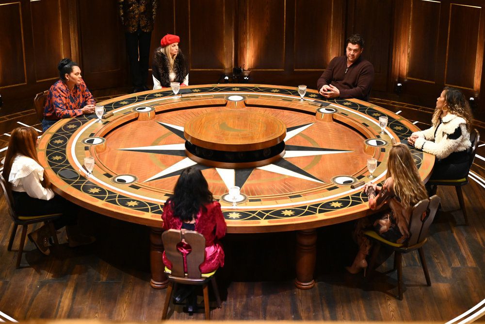 The roundtable in the penultimate episode of The Traitors with 7 contestants left