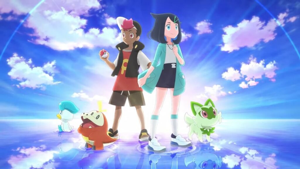 Riko Loy and their starter Pokemon in new series Quaxly, Sprigatto, and Fuecco