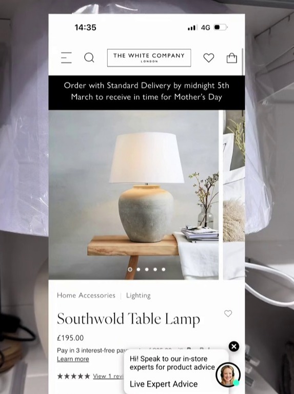 Interiors influencer Celene says the lamp is a dupe for The White Company Lamp