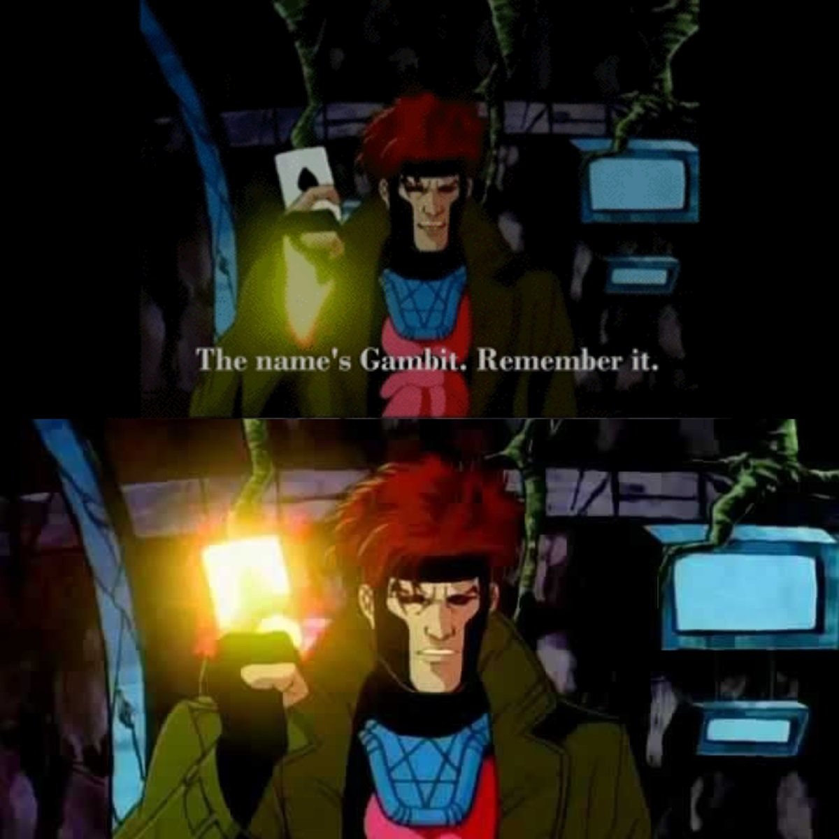 Gambit saying his signature catchphrase My name is Gambit! Remember it! in X-Men: The Animated Series.