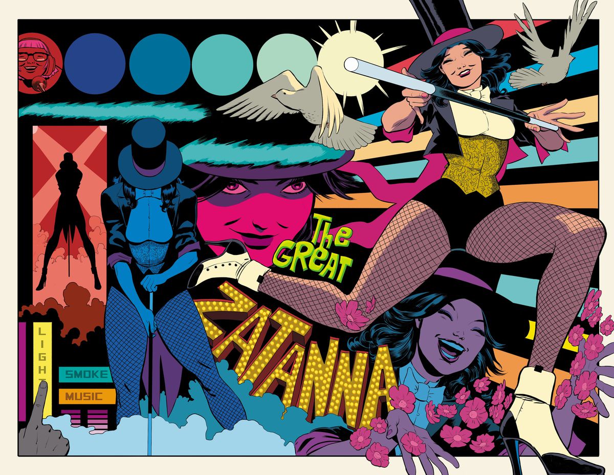 Over a double page spread, a collage of poses and stage lights, folowers, and doves, and a magician’s wand/cane, a smiling Zatanna performs her stage show, backed by the words “THE GREAT ZATANNA” in marquee lights. (Zatanna: Bring Down the House).