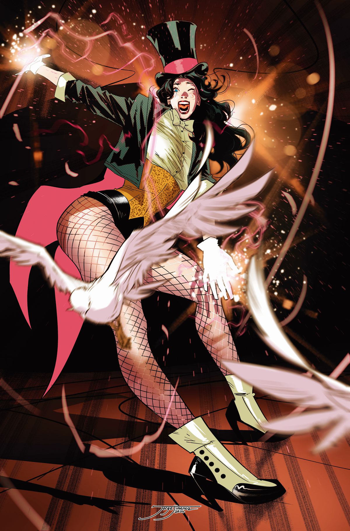 Zatanna poses dynamically, bright magic sparkles streaking from her hands, white doves flying away from her.