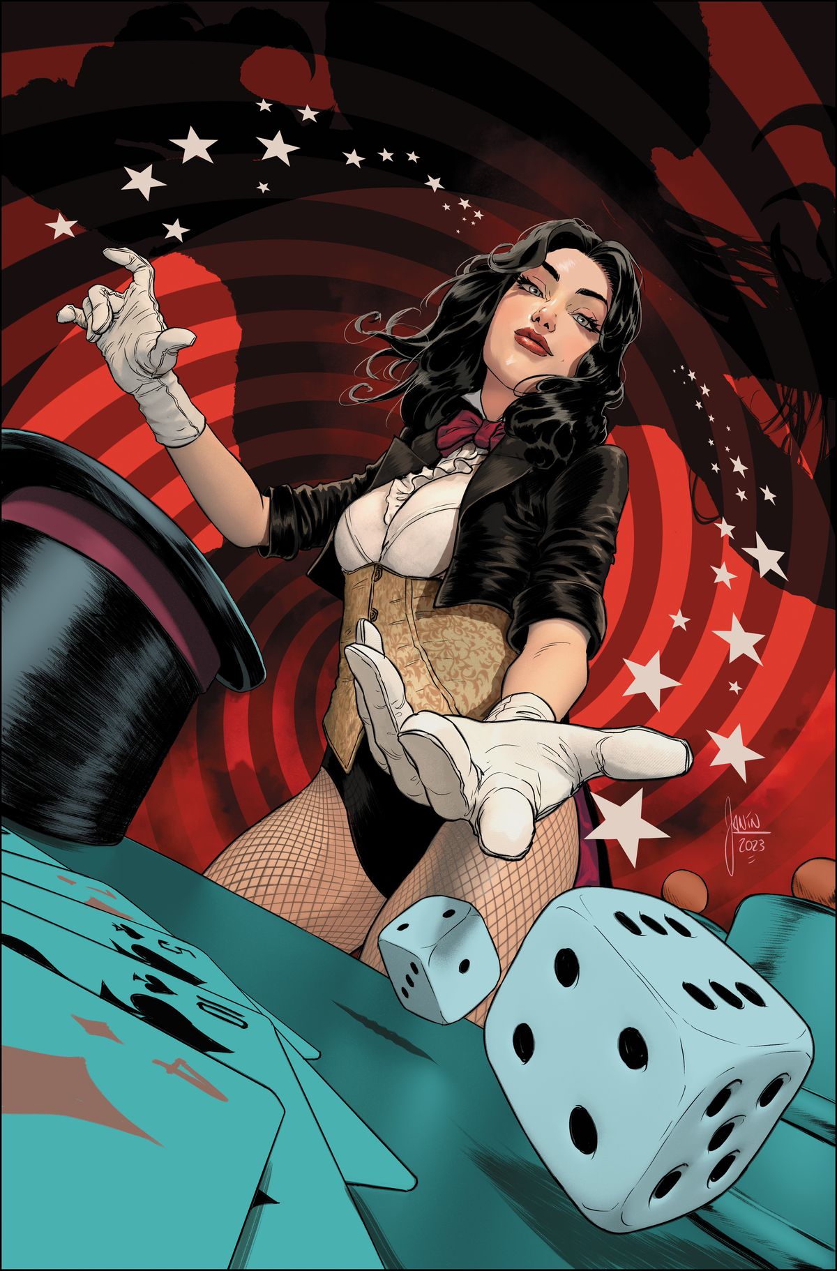 On a background of spirals and stars, Zatanna rolls the dice on a table covered in playing cards. 