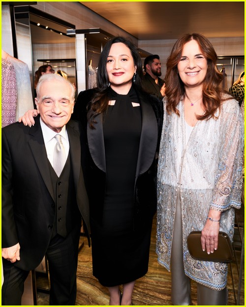 Lily Gladstone with Martin Scorsese and Roberta Armani