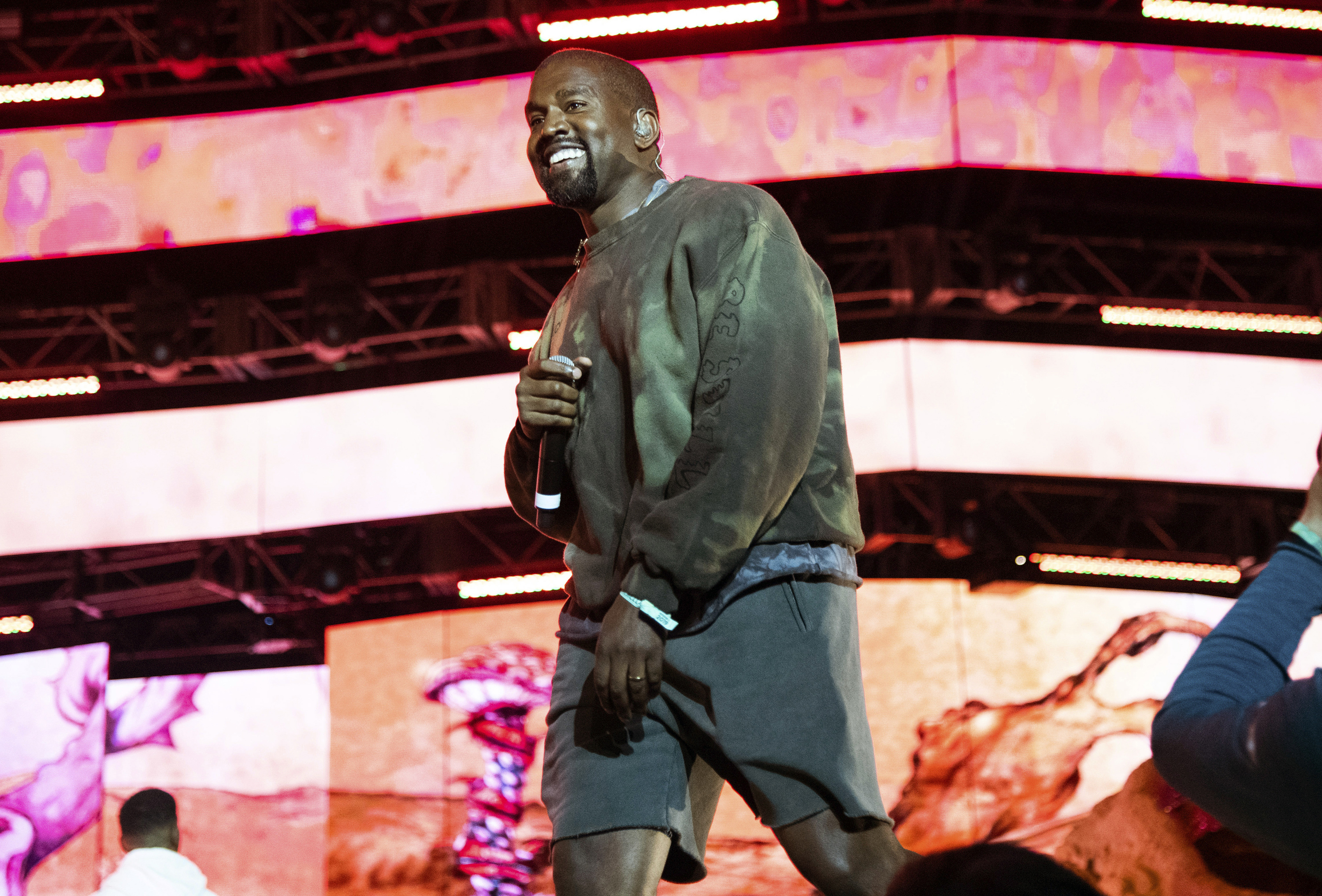 Kanye pictured during his performance in February 2024