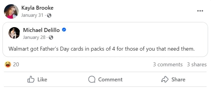 Kayla reshared a Facebook post that said 'Walmart got Father's Day cards in packs of 4 for those of you that need them'