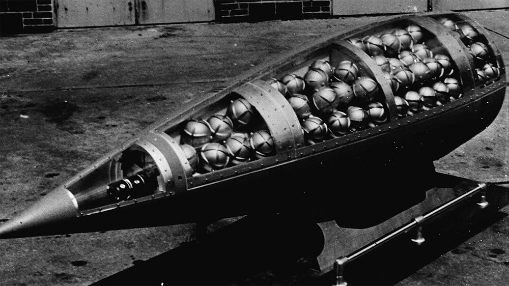U.S. Honest John missile warhead cutaway, showing M134 Sarin bomblets (c. 1960)