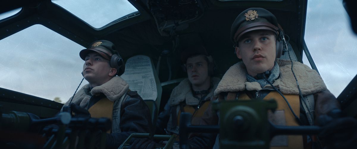 Barry Keoghan and Austin Butler in the cockpit, eyes fixed on the horizon and hands on the yoke.